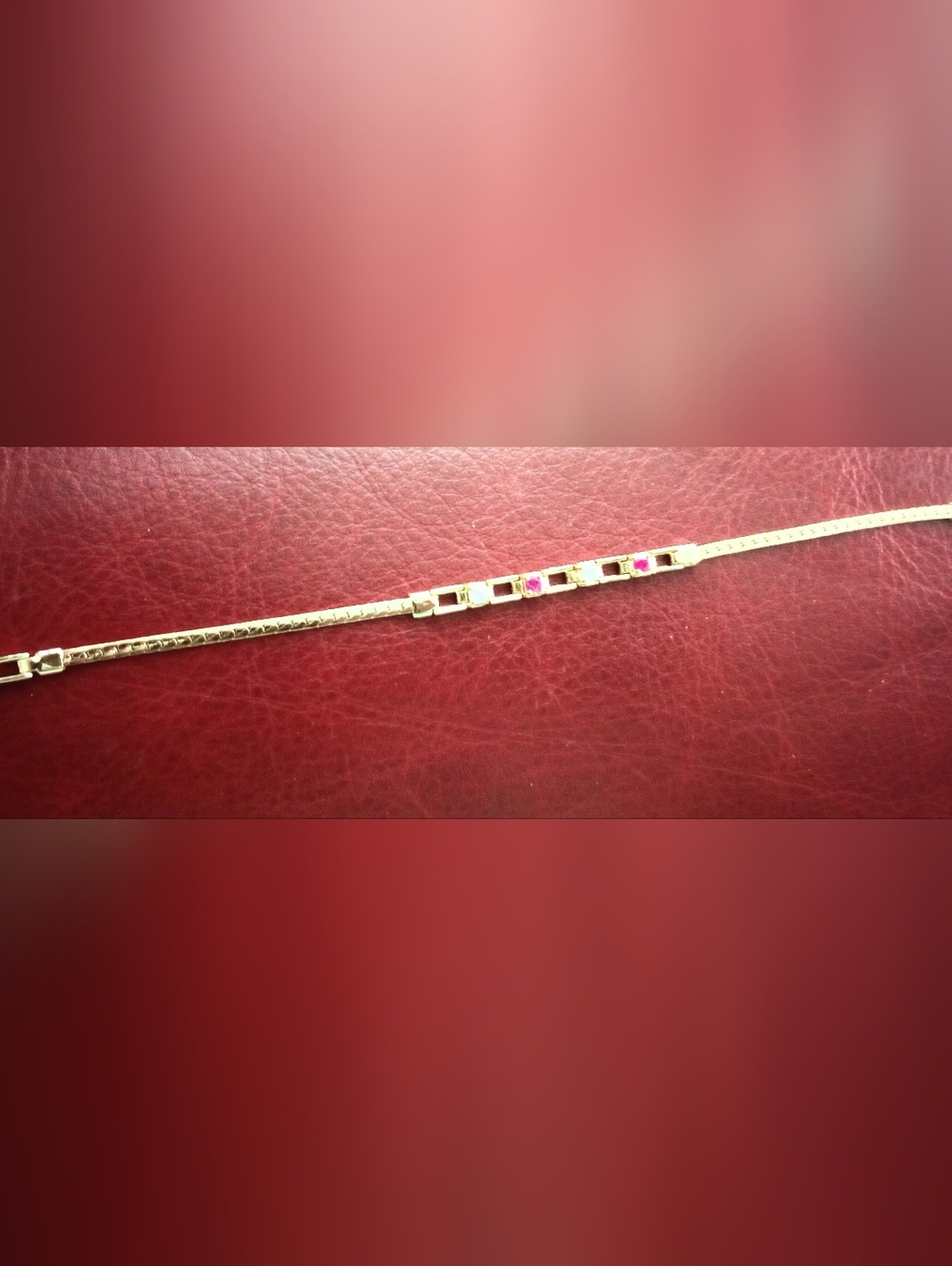 Gold Chain Bracelet with Red and White Gem Accents, 7.5" Long, Secure Clasp